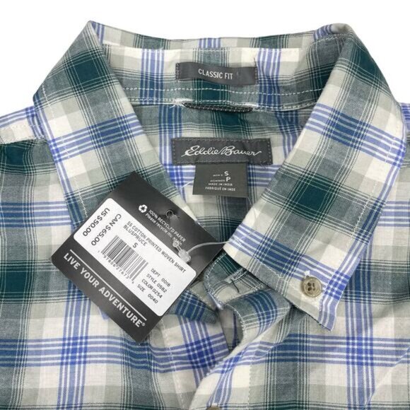 NWT EDDIE BAUER Men's Classic Fit Printed Woven Shirt Sz Small Bluespruce - Picture 2 of 4